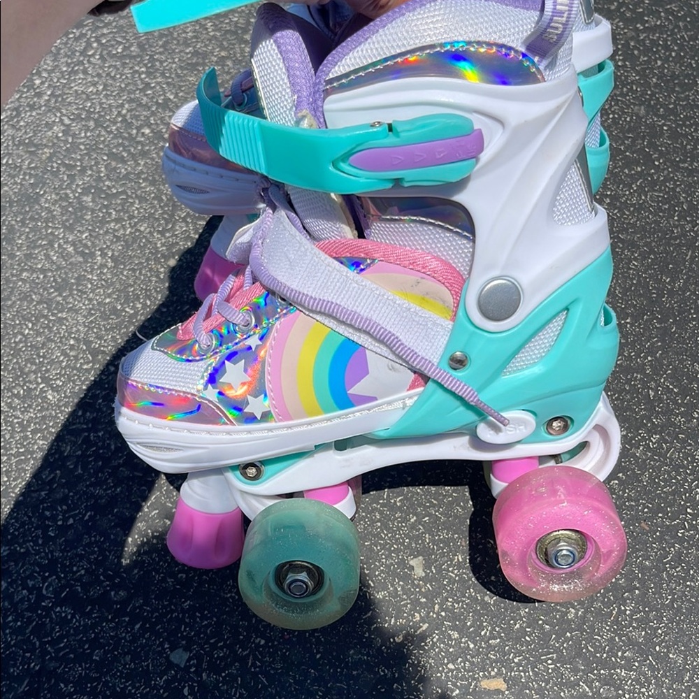 Colorful Kids Roller Skates - ADJUSTABLE - 10c-13c, worn 2-3 times indoors - Picture 2 of 5